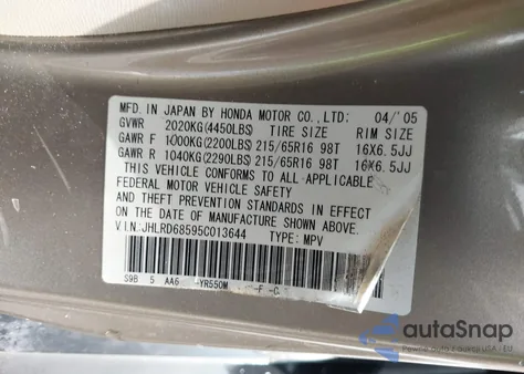 2005 Honda Cr-V Lx from USA, damaged, VIN JHLRD68595C013644